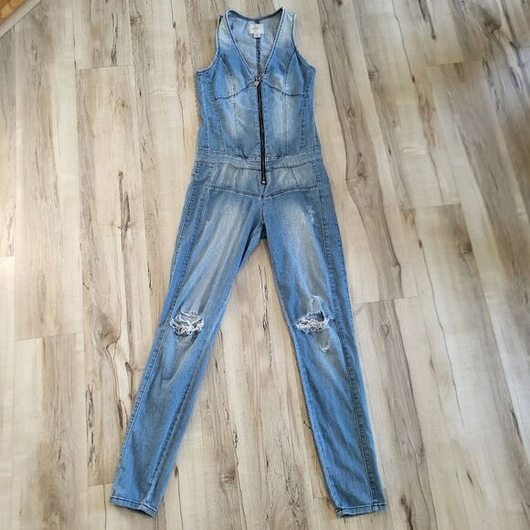GUESS Jumpsuit Los Angeles Overalls Women's 4 Denim Skinny Leg Distress Y2K - Picture 2 of 16